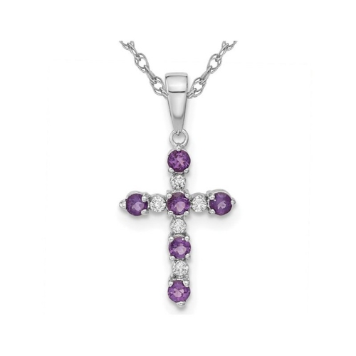 GEM AND HARMONY  1/5 Carat (Ctw) Amethyst Cross Pendant Necklace In 14K Gold With Chain In White