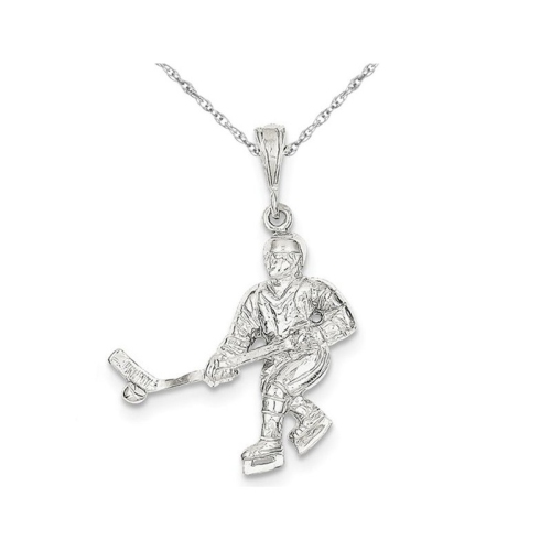 GEM AND HARMONY  Sterling Hockey Player Charm Pendant Necklace With Chain In Silver