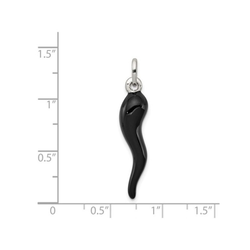 Black Enamel Italian Horn Pendant Necklace in Sterling Silver