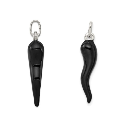 Black Enamel Italian Horn Pendant Necklace in Sterling Silver