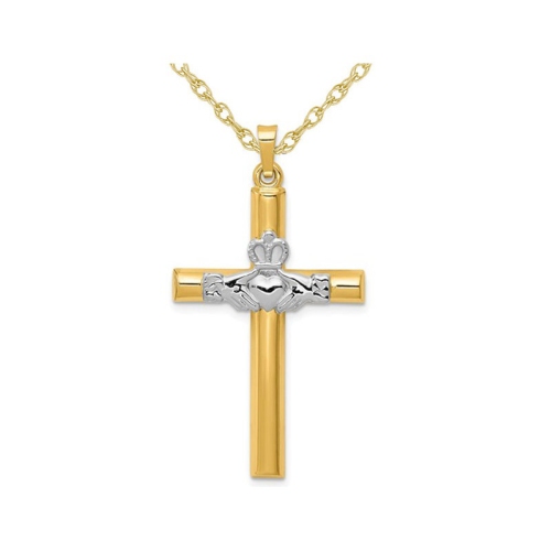 GEM AND HARMONY  14K And White Gold Claddagh Cross Pendant Necklace With Chain In Yellow
