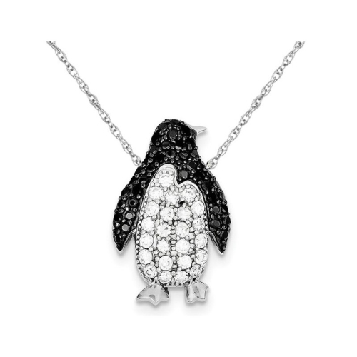 GEM AND HARMONY  Sterling Silver Penguin Charm Pendant Necklace With Black And Synthetic Cubic Zirconia (Cz) In White