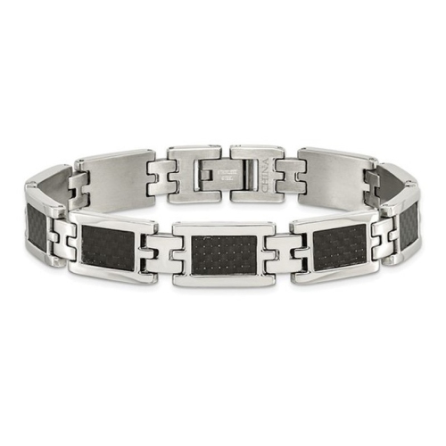 Mens Stainless Steel Carbon Fiber Bracelet 9.25 Inches