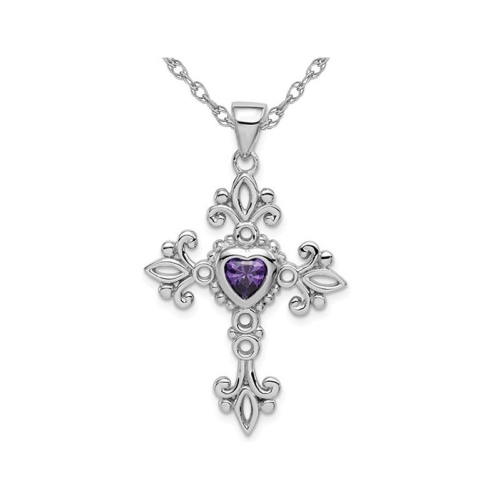 GEM AND HARMONY  2/5 Carat (Ctw) Amethyst Cross Pendant Necklace In Sterling With Chain In Silver