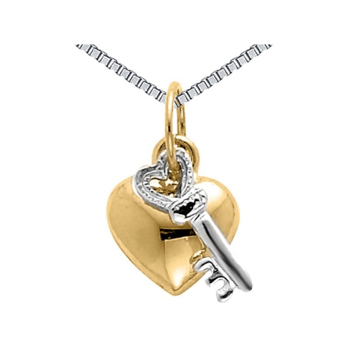 Heart and Key Pendant Necklace in 14K Yellow & White Gold with Chain