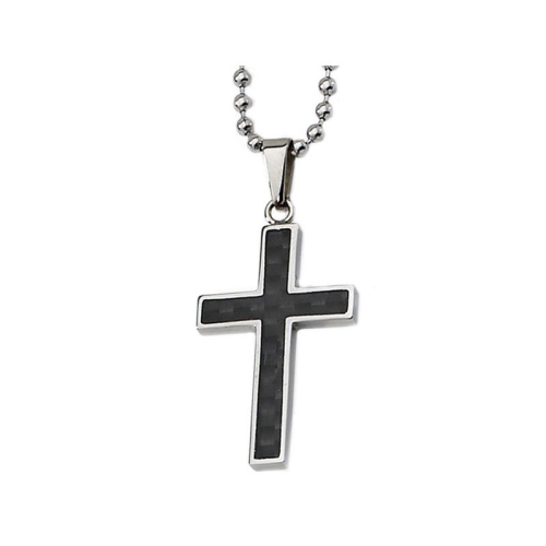 GEM AND HARMONY  Mens Chisel Carbon Fiber Cross Pendant Necklace In Stainless Steel With Chain In Black