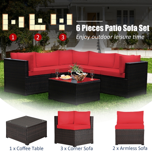 Costway 6PCS Patio Rattan Furniture Set Sectional Cushioned Sofa Deck