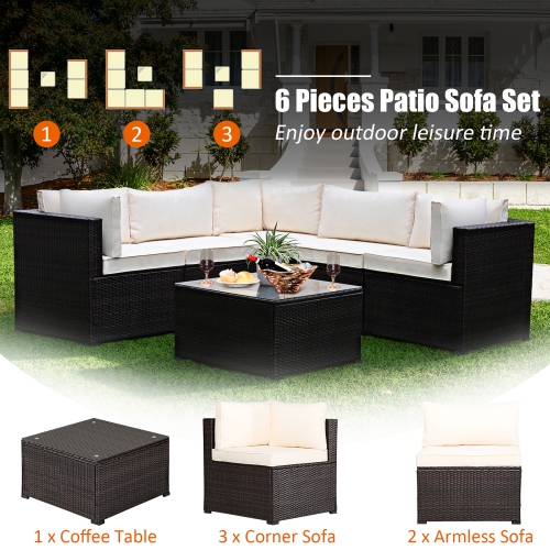 Costway 6PCS Patio Rattan Furniture Set Sectional Cushioned Sofa Deck