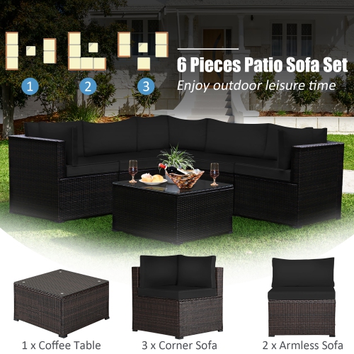 Costway 6PCS Patio Rattan Furniture Set Sectional Cushioned Sofa Deck