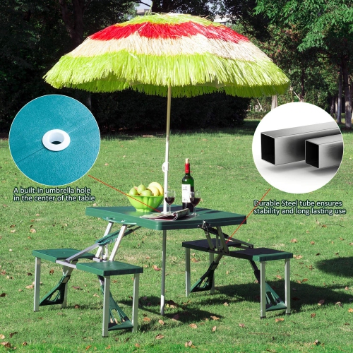 Table de pique-nique de camping portative pliable pour enfants avec chaises et trou pour parasol, table de pique-nique pliable VERTE