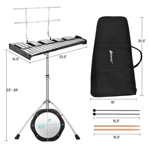 Sonart 32 Note Glockenspiel xylophone Percussion Bell Kit w/ Adjustable Stand