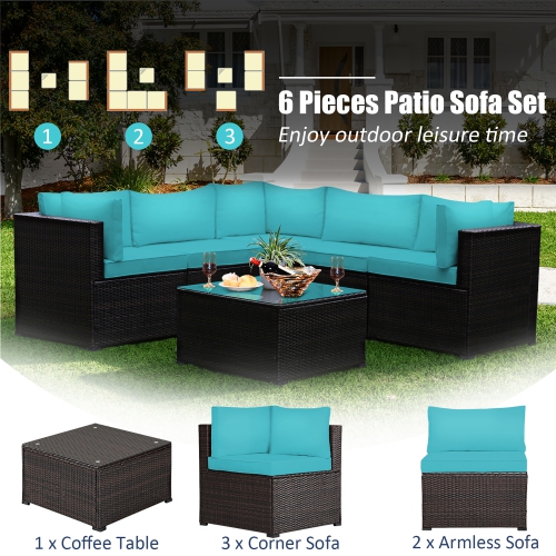 Costway 6PCS Patio Rattan Furniture Set Sectional Cushioned Sofa Deck