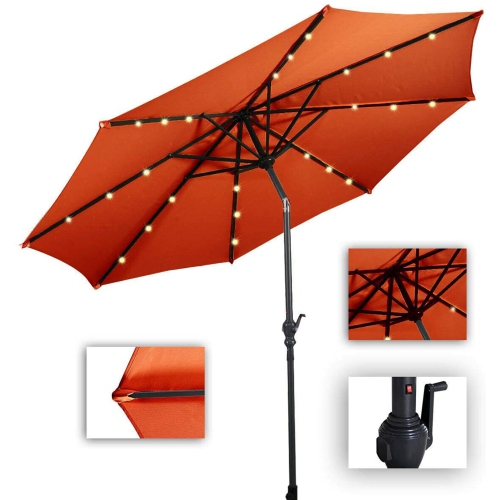 Gymax 10 Ft Patio Table Market Umbrella w/ 24 Solar LED Lights & Heavy-duty Base