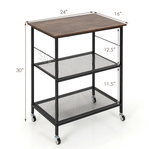 Gymax 3-Tier Kitchen Serving Cart Utility Standing Microwave Rack w/ Hooks