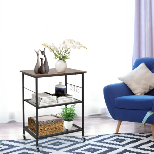 Gymax 3-Tier Kitchen Serving Cart Utility Standing Microwave Rack w/ Hooks