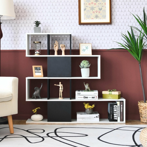 Gymax 5-Tier Bookshelf Corner Ladder Bookcase Display Storage Rack Black White