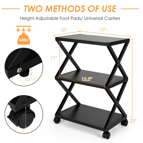 Gymax Mobile Printer Stand 3 Tier Storage Shelves Printer Cart w/ Pads