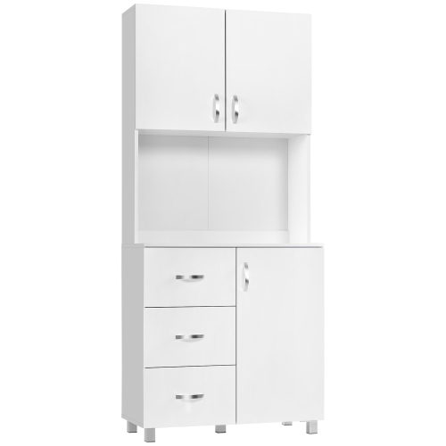 HOMCOM  Freestanding Kitchen Pantry Cabinet With Microwave Stand, 3 Drawers And Open Countertop, Adjustable Shelf In White
