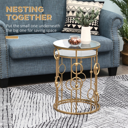 HOMCOM Round Nesting Coffee Table Set of 2, Gold Coffee Tables with Tempered Glass Top, Steel Frame for Living Room