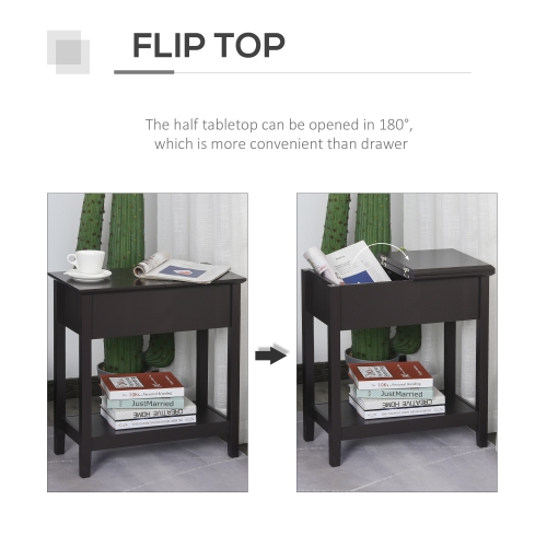 HOMCOM Flip Top End Table, Side Table with Storage Shelf, Narrow Nightstand for Small Spaces in Living Room, Bedroom, 22.2" x 11.1" x 23.6", Dark