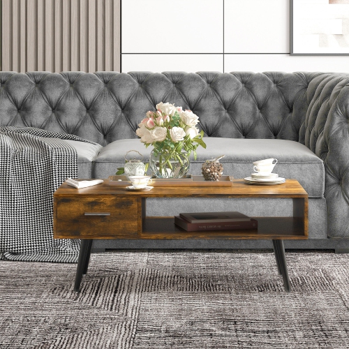 HOMCOM Coffee Table with Storage Shelf and Drawer, Industrial Wooden Center Table for Living Room, Rustic Brown
