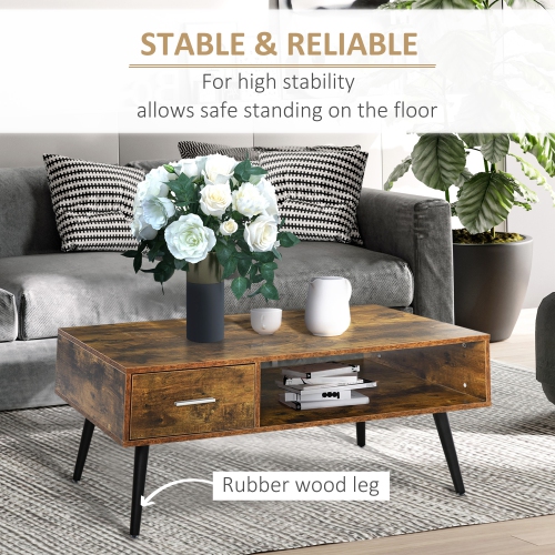 HOMCOM Coffee Table with Storage Shelf and Drawer, Industrial Wooden Center Table for Living Room, Rustic Brown