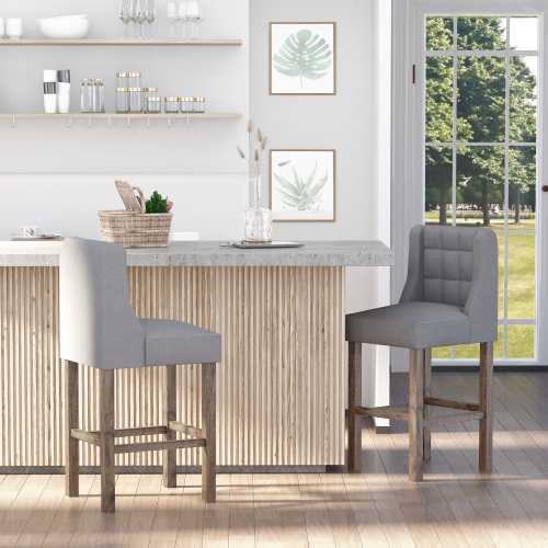 HOMCOM Counter Height Bar Stools Set of 2, Upholstered Bar Chairs with Square Tufted Backrest and Footrest, Modern Barstools for Kitchen, Dining