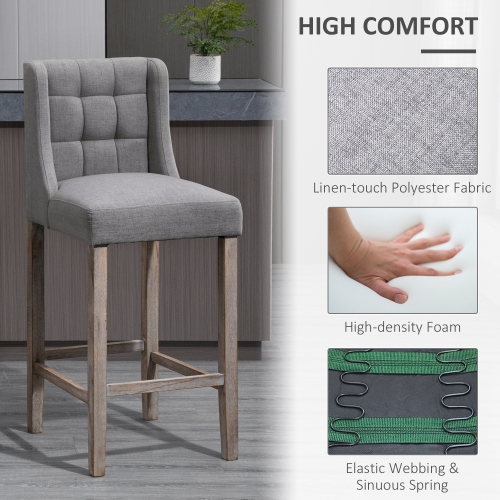 HOMCOM Counter Height Bar Stools Set of 2, Upholstered Bar Chairs with Square Tufted Backrest and Footrest, Modern Barstools for Kitchen, Dining