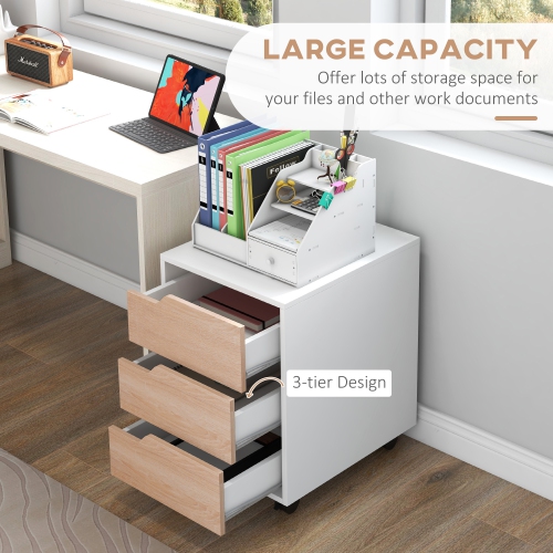 HOMCOM 3 Drawer File Cabinet, Mobile Vertical Filing Cabinet with Wheels, Printer Stand with Storage for Home Office, Oak