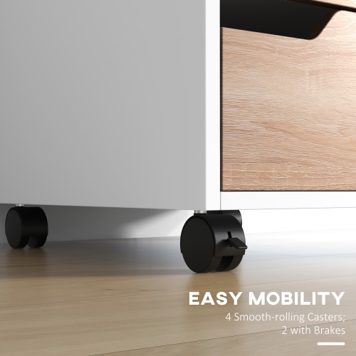 HOMCOM 3 Drawer File Cabinet, Mobile Vertical Filing Cabinet with Wheels, Printer Stand with Storage for Home Office, Oak