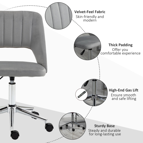 Vinsetto Office Desk Chair, Height Adjustable Computer Task Chair, Modern Fabric Makeup Vanity Chair with Swivel Wheels, Grey