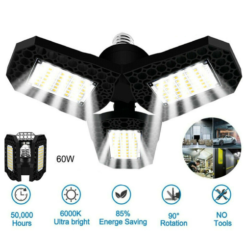ISTAR  Led Garage Lights, 60W Led Shop Light w 3 Ultra Bright Adjustable Panels, 7500Lm 6500K Deformable Ceiling Lights for Garage, Attic, Basement