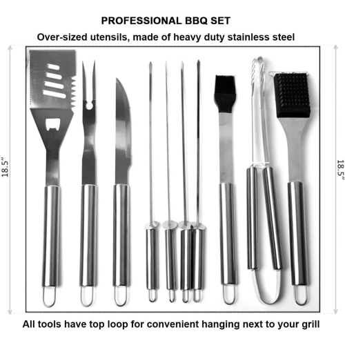 Stainless Steel BBQ Grill Tools Set with Premium Aluminum Case - 10 Heavy Duty Professional-Quality Grill Utensils Barbecue Tools for Complete