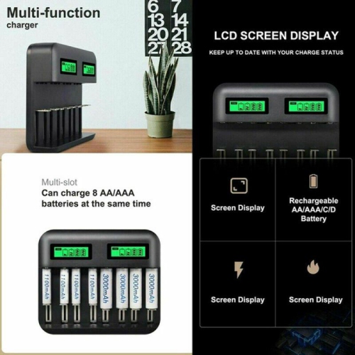AA AAA C D Battery Charger, 8 Slot Smart Fast Charger with LCD Display for AA AAA C D Ni-MH/Ni-Cd Rechargeable Batteries