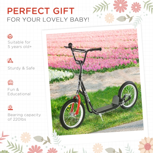 Aosom Youth Scooter Street Kick Scooter for Teens Kids Ride on Toy w/ 16'' Inflatable Wheel Dual Brakes for 5+ Year Old Black