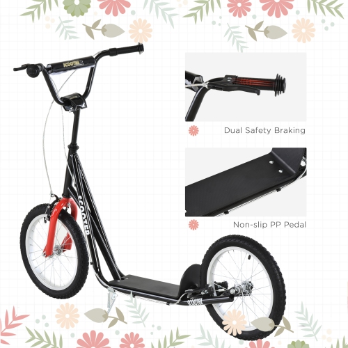 Aosom Youth Scooter Street Kick Scooter for Teens Kids Ride on Toy w/ 16'' Inflatable Wheel Dual Brakes for 5+ Year Old Black