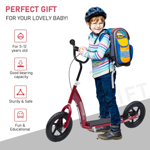 Vélo de rue Scooter pour adolescents de HOMCOM avec pneus en EVA de 12&nbsp;po pour rouge de 5-12 ans