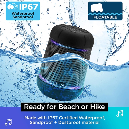 iHome IBT158V2B Bluetooth Rechargeable Waterproof Speaker w/ 360° Stereo Sound & Color Changing Accent Lighting