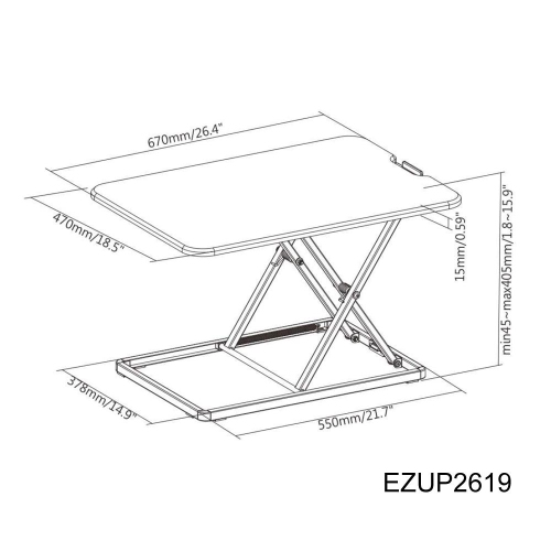Amer Mounts - Ultra-Slim Height Adjustable Sit/Stand Workstation Desk - Black 26.4" Wide Tabletop - 1.8" Low-Profile Design - EZUP2619