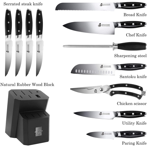 TUO Kitchen Knife Set - 12 Pcs Knife Set with Wooden Block - Premium Forged German Stainless Steel, Ergonomic Pakkawood Handle - Black Hawk Series