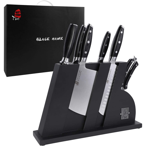 TUO Knife Set - 8 Pcs Kitchen Knife Set with Wooden Block - German HC Stainless Steel Chef Knife Set - Ergonomic Pakkawood Handle - Black Hawk Series