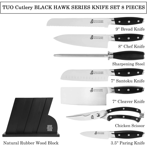 TUO Kitchen Knife Set - 8 Pcs Knife Set with Wooden Block, Honing Steel Shears Included - German HC Stainless Steel Knife Block Set - Ergonomic