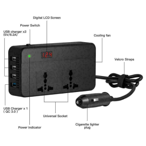 Onduleur de voiture 200 W c.c. 12 V 4 ports USB Adaptateur de chargeur pour l’auto avec interrupteur
