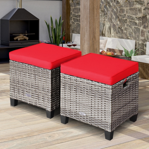 COSTWAY  2PCs Patio Rattan Cushioned Ottoman Seat Foot Rest Table