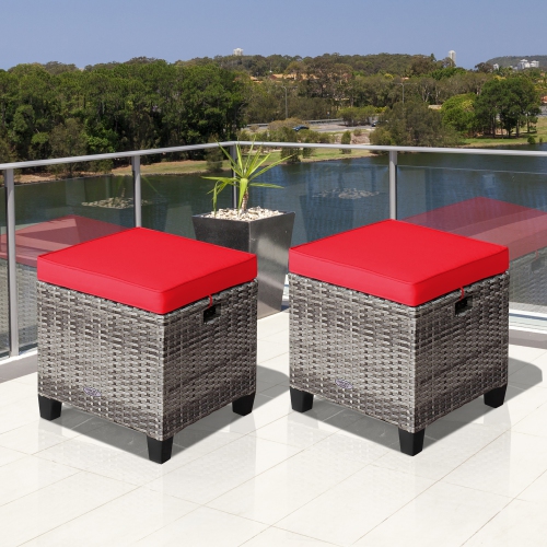 Costway 2PCS Patio Rattan Cushioned Ottoman Seat Foot Rest Table