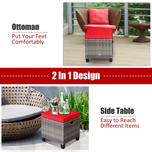 Costway 2PCS Patio Rattan Cushioned Ottoman Seat Foot Rest Table