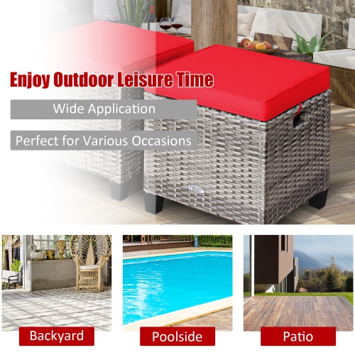 Costway 2PCS Patio Rattan Cushioned Ottoman Seat Foot Rest Table