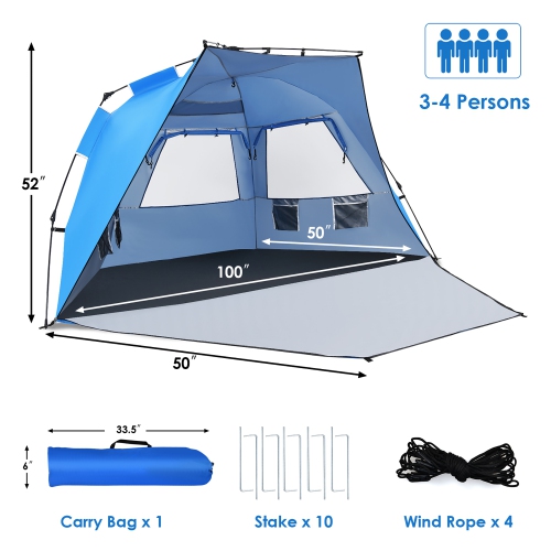 Costway 3-4 Person Easy Pop Up Beach Tent UPF 50+ Portable Sun Shelter