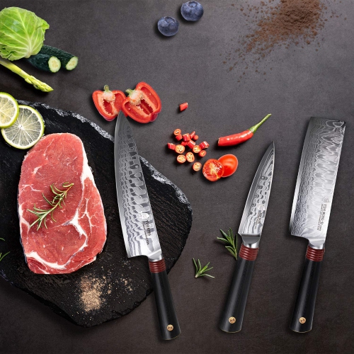 TUO Damascus Kitchen Knife Set of 3 Pieces: 8" Chef Knife, 6.5" Nakiri Knife, and 3.5" Paring Knife. Japanese AUS-10 High Carbon Stainless Steel,