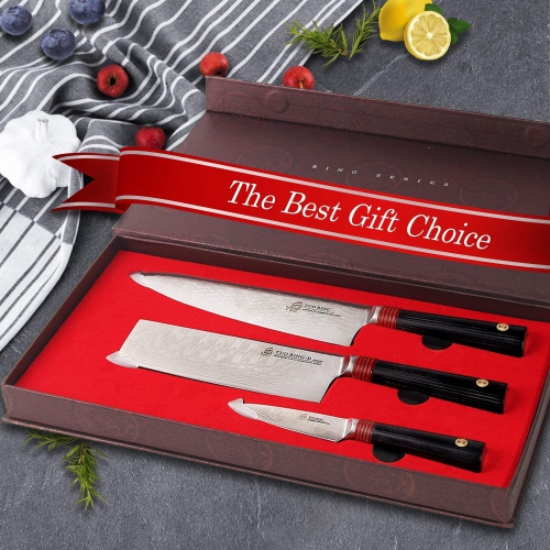 TUO Damascus Kitchen Knife Set of 3 Pieces: 8" Chef Knife, 6.5" Nakiri Knife, and 3.5" Paring Knife. Japanese AUS-10 High Carbon Stainless Steel,
